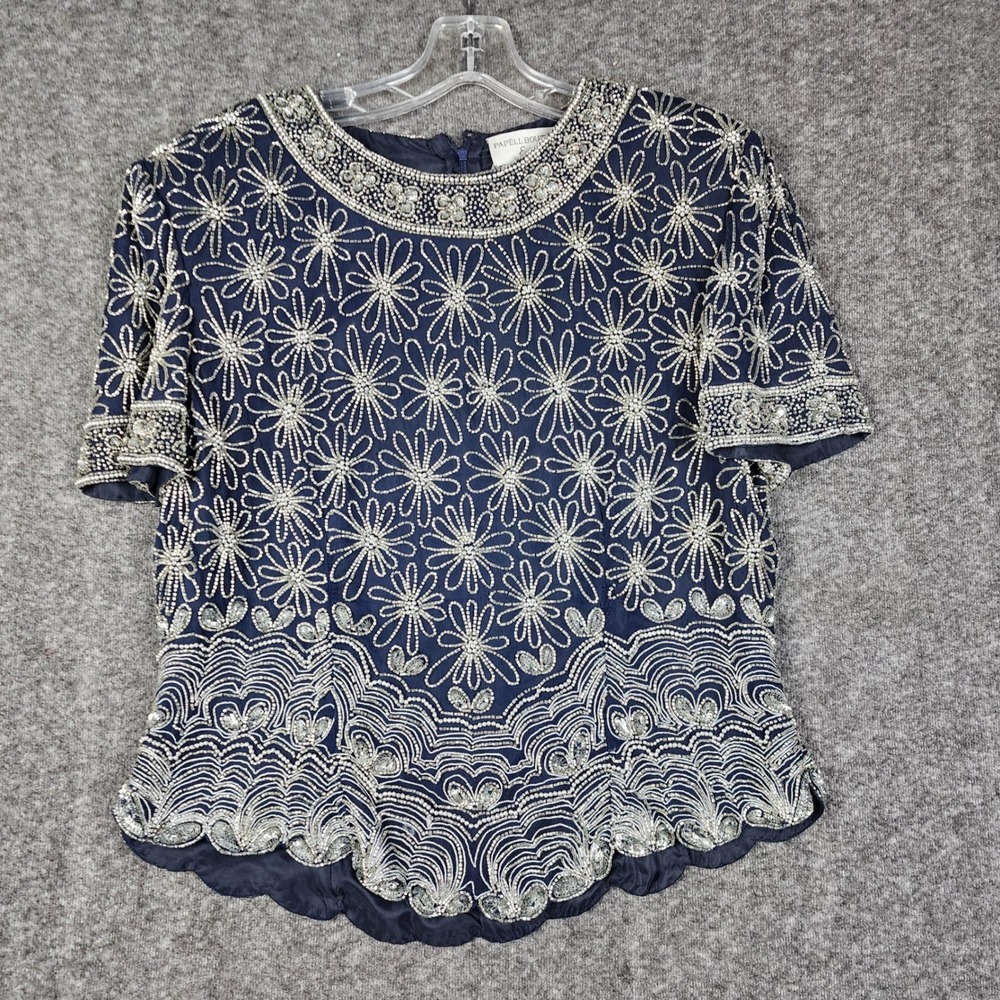 Papell Boutique Evening Top Womens 12 Navy Blue Silk Beaded Floral Scalloped